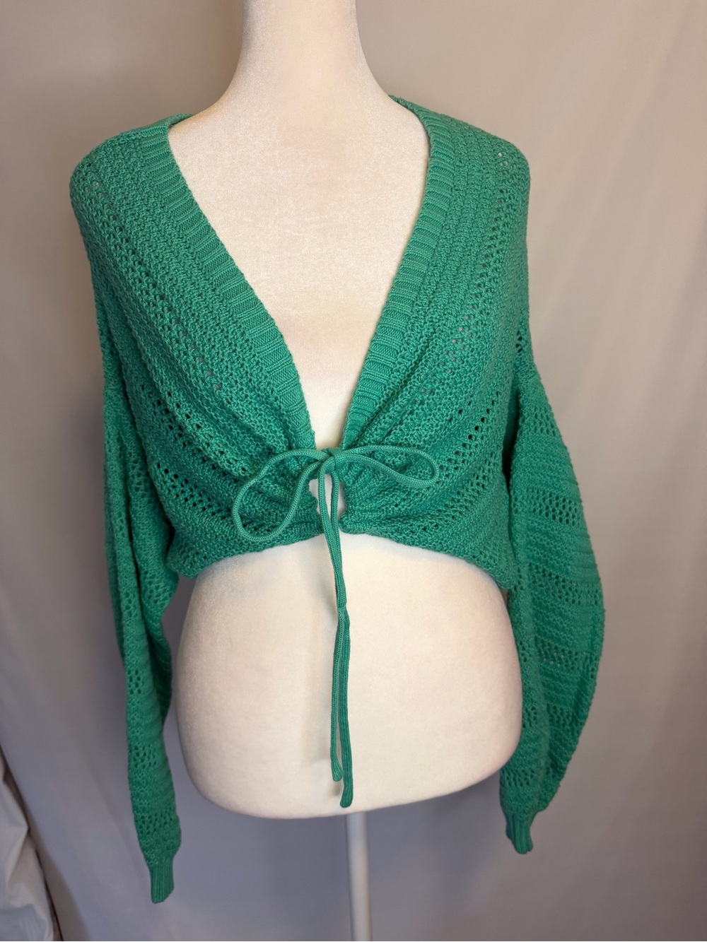 Teal Green Tie-Front Open Knit Women's shrug/Crop Sweater